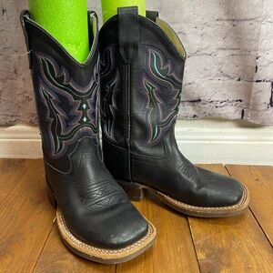 Old west kids size 12.5 square toe cowboy boots black with colorful stitching